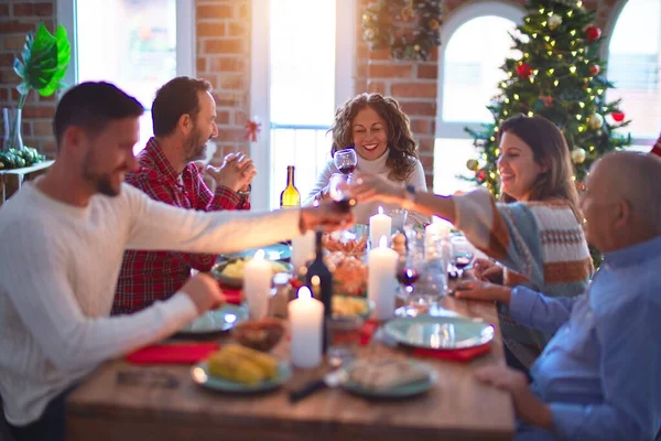 Beautiful Family Smiling Happy Confident Eating Roasted Turkey Celebrating Christmas — Stock Photo, Image