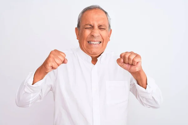 Hombre Mayor Pelo Gris Con Camisa Elegante Pie Sobre Fondo —  Fotos de Stock