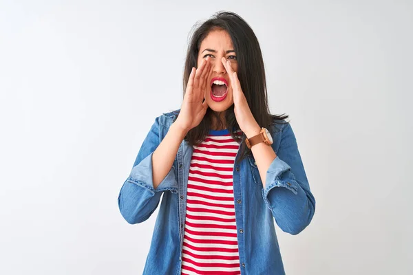 Jonge Chinese Vrouw Draagt Gestreept Shirt Denim Shirt Geïsoleerde Witte — Stockfoto