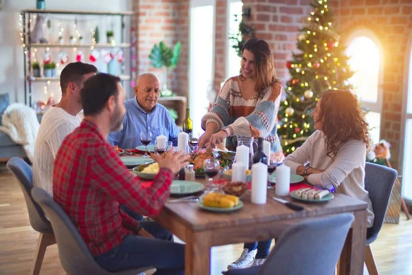Beautiful Family Smiling Happy Confident Carving Roasted Turkey Celebrating Christmas — Stock Photo, Image
