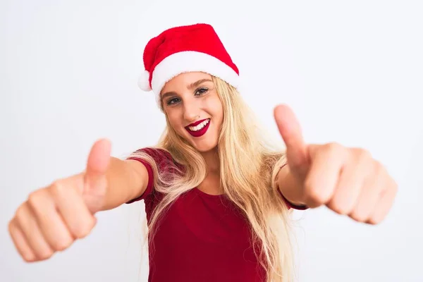 Jeune Belle Femme Portant Chapeau Noël Père Noël Sur Fond — Photo