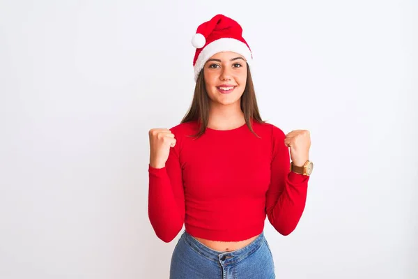 Joven Chica Hermosa Con Sombrero Santa Navidad Pie Sobre Fondo — Foto de Stock