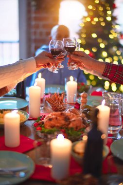 Mutlu ve kendinden emin gülümseyen güzel bir aile. Kızarmış hindi yemek ve evde Noel 'i kutlamak için bir bardak şarapla kadeh kaldırmak.