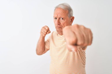 Kıdemli, gri saçlı, çizgili tişört giyen, beyaz arka planda duran dövüşmek için yumruk atan, saldırgan ve öfkeli saldırı, tehdit ve şiddet uygulayan bir adam.