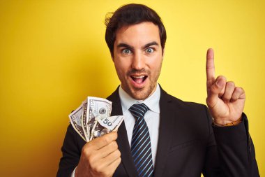 İzole sarı arka plan üzerinde dolar tutan takım elbise giyen genç yakışıklı işadamı mutlu yüz, bir numara ile bir fikir ya da soru işaret parmağı ile şaşırttı