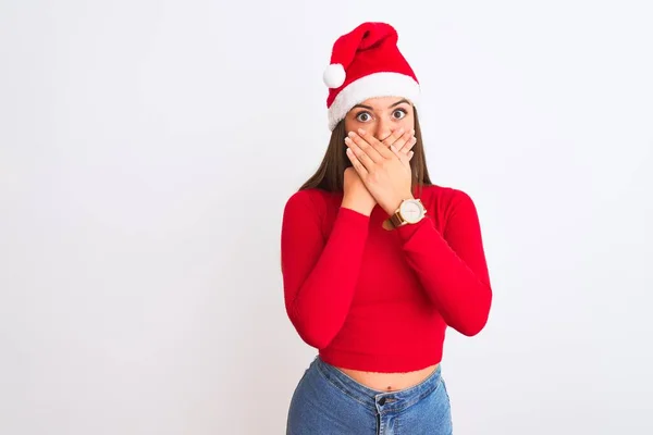 Joven Chica Hermosa Con Sombrero Navidad Santa Pie Sobre Fondo — Foto de Stock