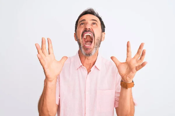 Homem Bonito Meia Idade Vestindo Camisa Rosa Casual Sobre Fundo — Fotografia de Stock