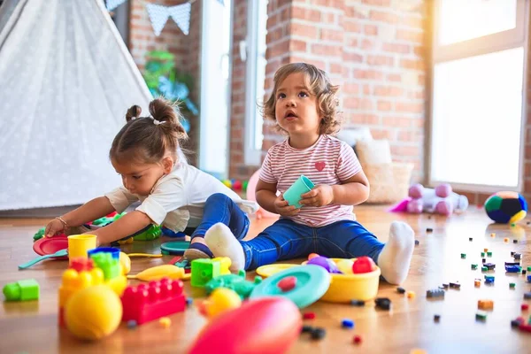 Adorable Toddlers Playing Meals Using Plastic Food Cutlery Toy Kindergarten — Stock Photo, Image