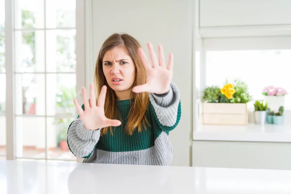 Young Beautiful Size Woman Wearing Casual Striped Sweater Afraid Terrified — Stock Photo, Image