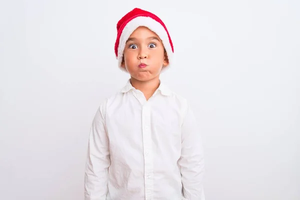 Beautiful Kid Boy Wearing Christmas Santa Hat Standing Isolated White — Stock Photo, Image