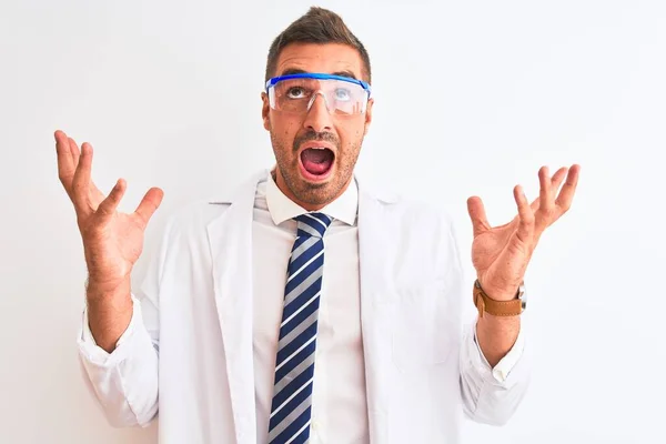 Young Handsome Scientist Man Wearing Safety Glasses Isolated Background Crazy — ストック写真