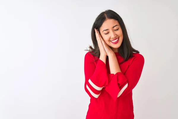 Jonge Mooie Chinese Vrouw Draagt Rode Jurk Staan Geïsoleerde Witte — Stockfoto