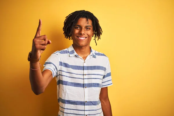 Afro American Man Dreadlocks Wearing Striped Shirt Isolated Yellow Background — Stock Photo, Image