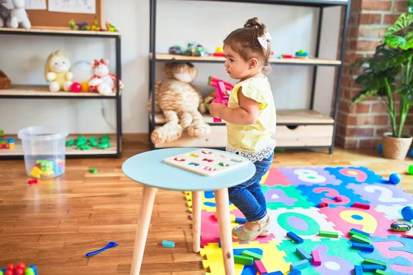 Beautiful Toddler Playing Building Wooden Blocks Toys Kindergarten — Stock Photo, Image