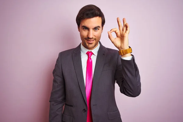 Young Handsome Businessman Wearing Suit Tie Standing Isolated Pink Background — ストック写真