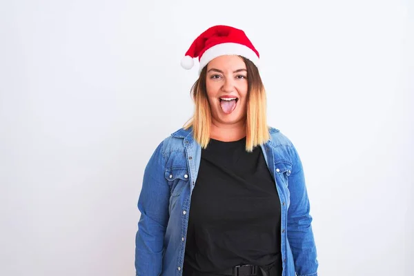 Joven Hermosa Mujer Con Sombrero Navidad Santa Pie Sobre Fondo — Foto de Stock