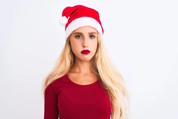 Mujer Hermosa Joven Con Sombrero Navidad Santa Sobre Fondo Blanco — Foto de Stock