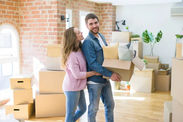 Young Beautiful Couple Very Happy Together Holding Cardboard Boxes Moving — Stock Photo, Image