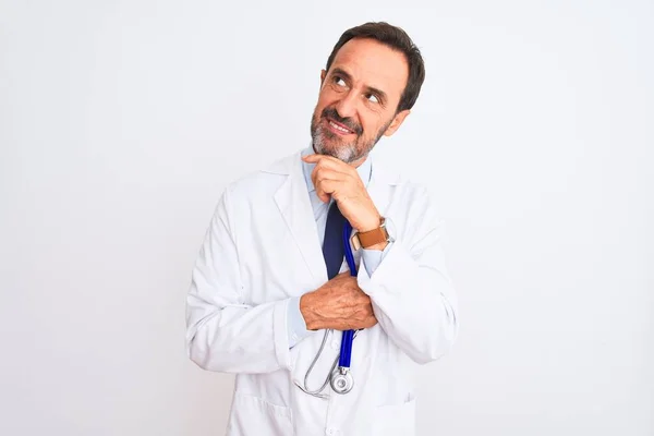 Middle Age Doctor Man Wearing Coat Holding Stethoscope Isolated White — Stock Photo, Image