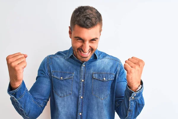 Young Handsome Man Wearing Denim Jacket Standing Isolated Background Very — Stock Photo, Image