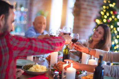Mutlu ve kendinden emin gülümseyen güzel bir aile. Kızarmış hindi yemek ve evde Noel 'i kutlamak için bir bardak şarapla kadeh kaldırmak.