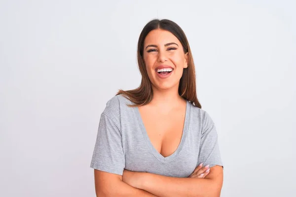 Portrait Beautiful Young Woman Standing Isolated White Background Happy Face — Stock Photo, Image