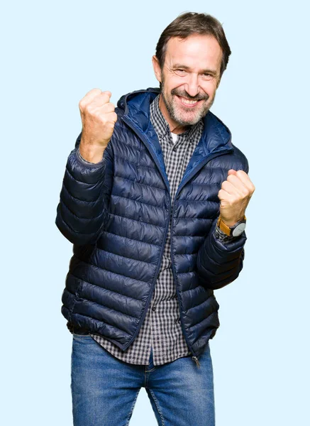 Middle Age Handsome Man Wearing Winter Coat Very Happy Excited — Stock Photo, Image