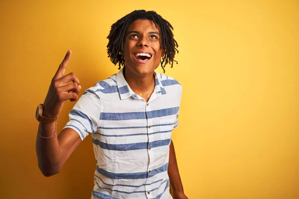 Afro American Man Dreadlocks Wearing Striped Shirt Isolated Yellow Background — Stock Photo, Image