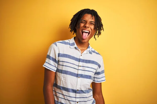 Afro American Man Dreadlocks Wearing Striped Shirt Isolated Yellow Background — Stock Photo, Image