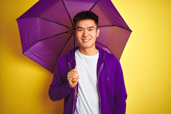 Ásia Chinês Homem Vestindo Roxo Guarda Chuva Sobre Isolado Amarelo — Fotografia de Stock