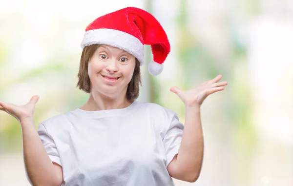 Mujer Adulta Joven Con Síndrome Con Sombrero Navidad Sobre Fondo —  Fotos de Stock