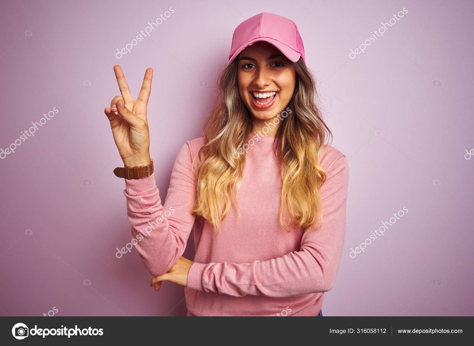 Young Beautiful Woman Wearing Cap Pink Isolated Background Smiling
