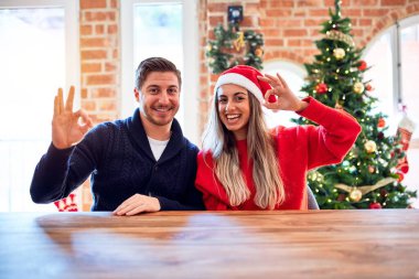 Noel Baba şapkası takan genç bir çift Noel ağacının etrafındaki sandalyeye ve masaya oturmuş gülümsüyor ve el ve parmaklarıyla tamam işareti yapıyor. Başarılı ifade.