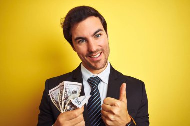 Takım elbiseli genç yakışıklı işadamı, izole edilmiş sarı arka planda dolar tutuyor. Kocaman gülümsüyor. Tamam işareti yapıyor.
