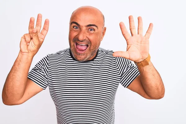 Middle Age Handsome Man Wearing Striped Navy Shirt Isolated White — Stockfoto