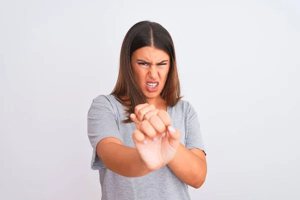 Retrato Una Hermosa Mujer Joven Pie Sobre Fondo Blanco Aislado — Foto de Stock