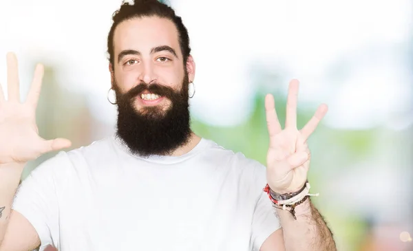 Young Hipster Man Long Hair Beard Wearing Casual White Shirt — Stock Photo, Image