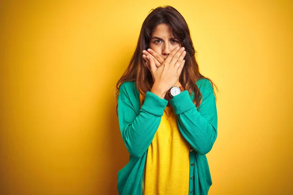 Young Woman Wearing Shirt Green Sweater Standing Yelllow Isolated Background — Stockfoto