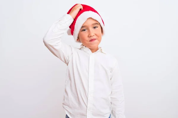 Krásný Chlapec Chlapec Nosí Vánoční Santa Klobouk Stojící Nad Izolovaným — Stock fotografie