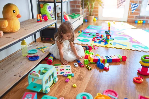 Adorable Blonde Toddler Playing Lots Toys Kindergarten — Stock Photo, Image