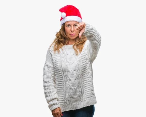 히스패닉 거절을 보여주는 제스처 반대와 부정적인 크리스마스 모자를 — 스톡 사진