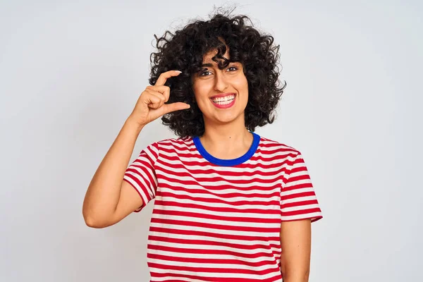 Young Arab Woman Curly Hair Wearing Striped Shirt Isolated White — Stockfoto