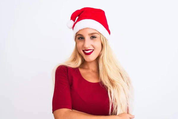 Mladá Krásná Žena Sobě Vánoční Santa Klobouk Přes Izolované Bílé — Stock fotografie