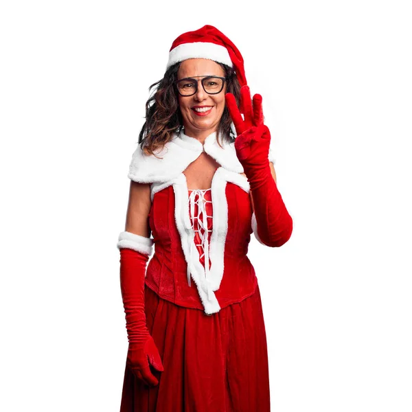 Žena Středního Věku Kostýmu Santa Clause Ukazuje Ukazuje Prsty Číslo — Stock fotografie