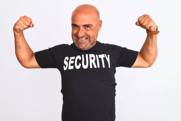 Hombre Salvaguardia Mediana Edad Vistiendo Uniforme Seguridad Pie Sobre Fondo —  Fotos de Stock