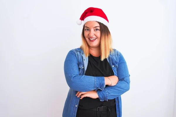 Joven Hermosa Mujer Con Sombrero Navidad Santa Pie Sobre Fondo —  Fotos de Stock