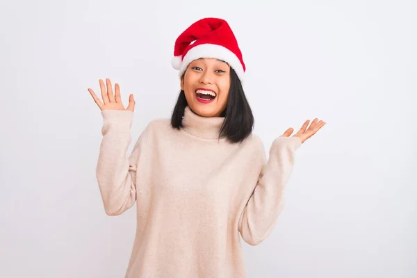 Jeune Belle Femme Chinoise Portant Chapeau Noël Père Noël Sur — Photo