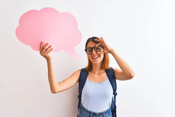 Hermosa Estudiante Pelirroja Mujer Usando Una Mochila Sosteniendo Burbuja Del —  Fotos de Stock