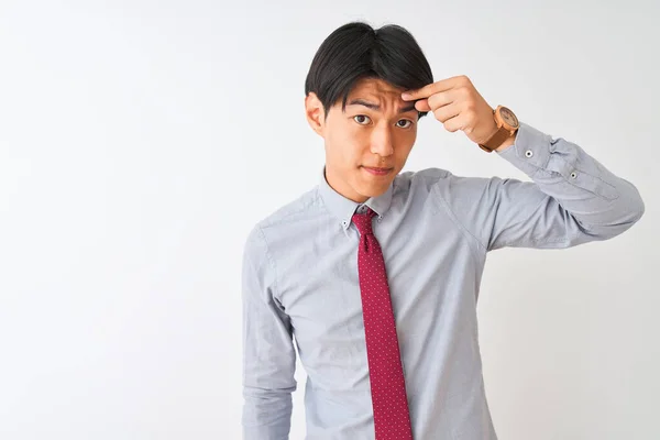 Chinese Businessman Wearing Elegant Tie Standing Isolated White Background Pointing — Stock Photo, Image