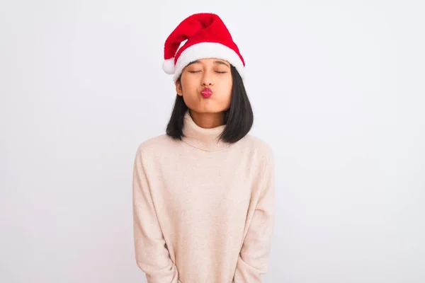 Jeune Belle Femme Chinoise Portant Chapeau Noël Père Noël Sur — Photo